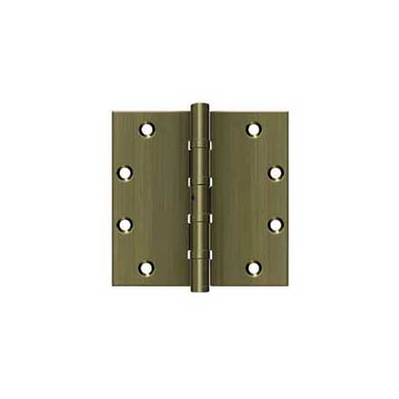 Deltana [DSB55NB5] Solid Brass Door Butt Hinge - Ball Bearing - Non-Removable Pin - Button Tip - Square Corner - Antique Brass Finish - Pair - 5&quot; H x 5&quot; W