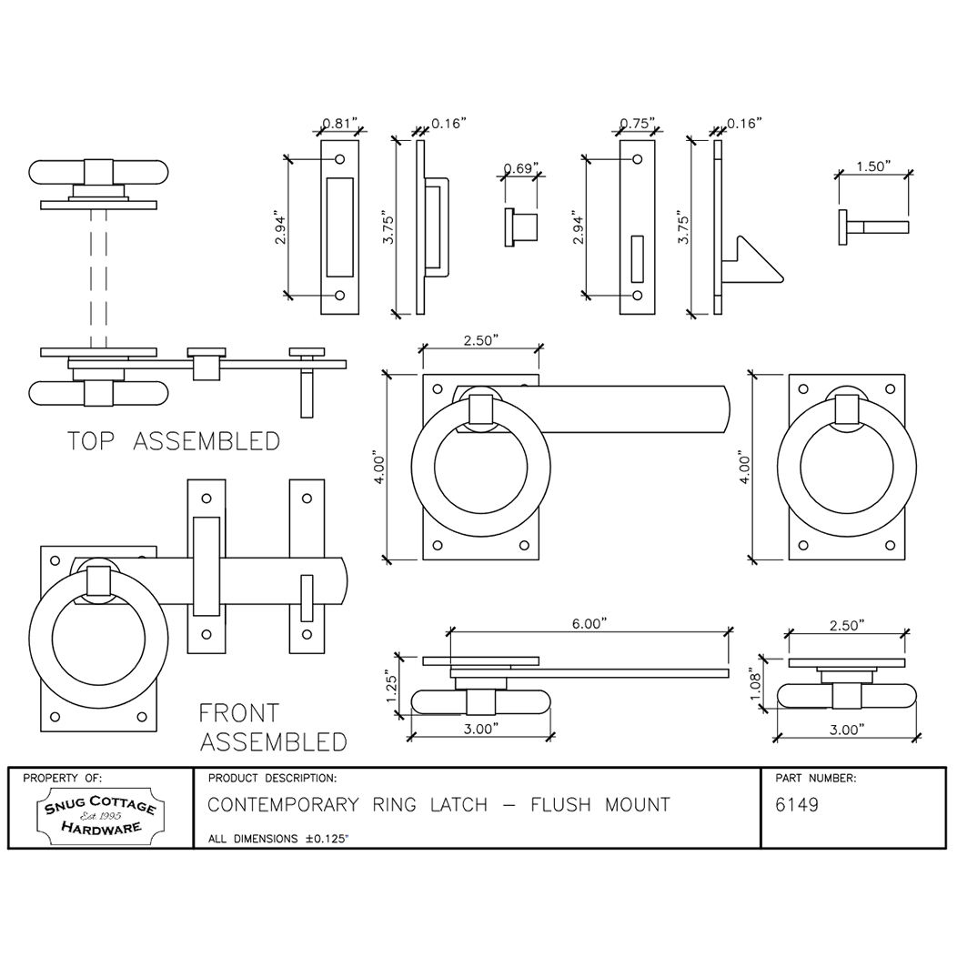 Snug Cottage 6149-LDSP Black Contemporary Ring Latch - Flush Mount c/w  Padlock Eyes & Gate Stop, Deluxe Version